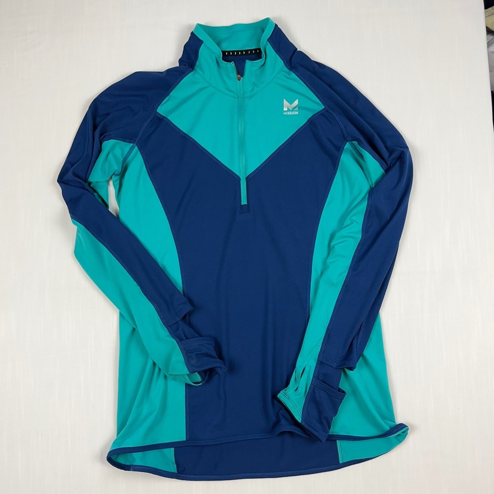 Mission VaporActive Womens 1/4 Zip Pullover Blue Teal Colorblock Long Sleeve L